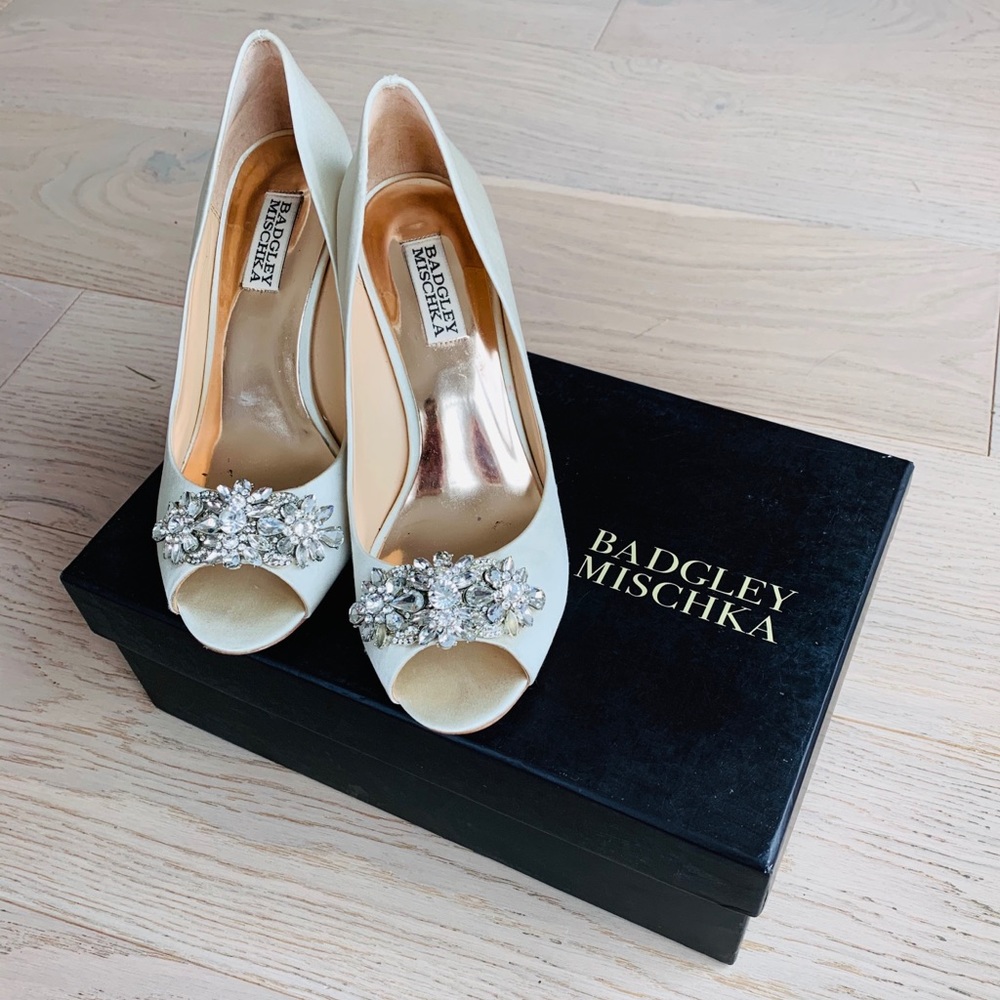 Badgely Mischka Dara Embellished Ivory Satin Shoes